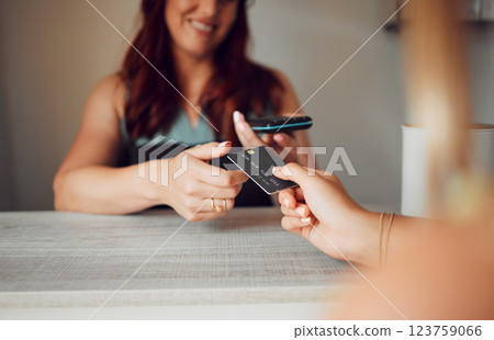 Credit card, machine and retail with client for customer service and easy, safe or pos payment. Fintech, ecommerce and small business owner or professional worker on rfid system 5g network technology 123759066