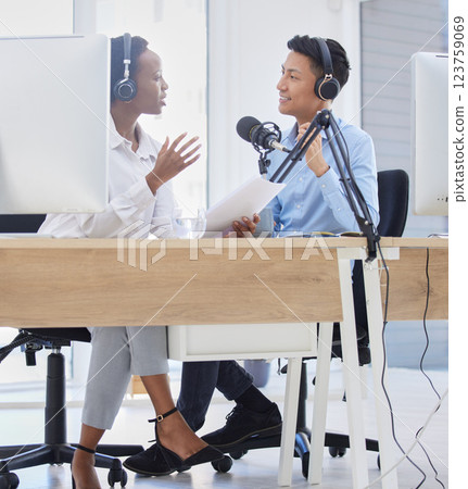 Business podcast, media interview and radio blog live streaming for corporate news show, broadcast conversation and audio discussion. Professional presenter hosting internet office talk on microphone 123759069