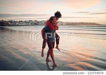 Love, travel and couple walking along the beach at sunset, bond and having fun in nature together. Freedom, carry and man and woman enjoying a romantic ocean holiday in Los angeles, cheerful and calm 123759079