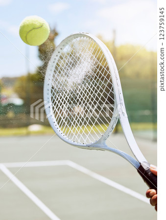 Hand, tennis court and ball game dust action with racket agility in tournament competition macro. Champion athlete equipment for professional match hit and serve on competitive sports ground. Hand, tennis court and ball game dust action with racket agility in tournament competition macro. Champion athlete equipment for professional match hit and serve on competitive sports ground. 123759145