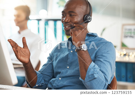 Black businessman call center conversation in office, working at help desk online telemarketing company. Customer service support, consultant talking on microphone and career success to contact us 123759155