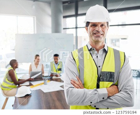 Construction worker, engineer man and architecture leader or boss with planning strategy for architecture building or construction vision. Industry development manager or contractor with leadership 123759194