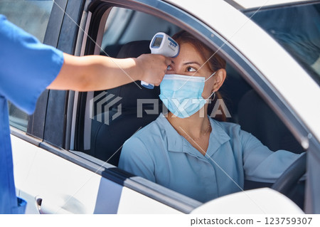 Car, drive thru covid test and thermometer with nurse and patient. Young woman in vehicle, wearing a mask and medical care worker doing fever screening. Masks, coronavirus and testing on site 123759307