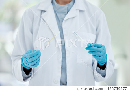 Healthcare, hand and doctor with covid test in a hospital, hands holding pcr test and swab. Research, health and innovation closeup of nurse doing analysis of corona testing results medical sample Healthcare, hand and doctor with covid test in a hospital, hands holding pcr test and swab. Research, health and innovation closeup of nurse doing analysis of corona testing results medical sample 123759377