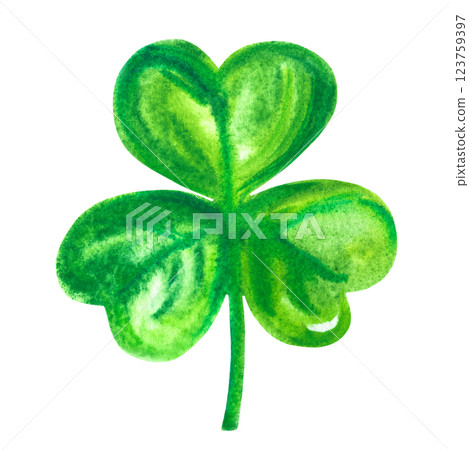 Green watercolor shamrock, Irish three leaf clover, an isolated design element 123759397