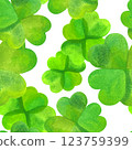 Seamless watercolor pattern for St Patrick's day, abstract four leaf clovers 123759399