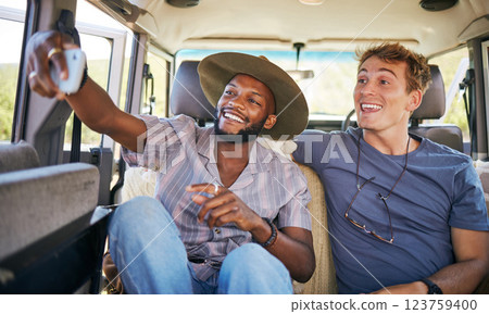 Travel, friends and selfie on a phone by men on a road trip, bonding on a backseat while driving in a vehicle. Freedom, relax and happy black man taking photo with friend on their journey together 123759400