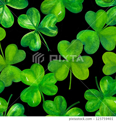 Seamless watercolor pattern for St Patrick's day, green Irish shamrocks Seamless watercolor pattern for St Patrick's day, green Irish shamrocks 123759401