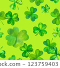 Seamless watercolor pattern for St Patrick's day, shamrocks and a clover 123759403