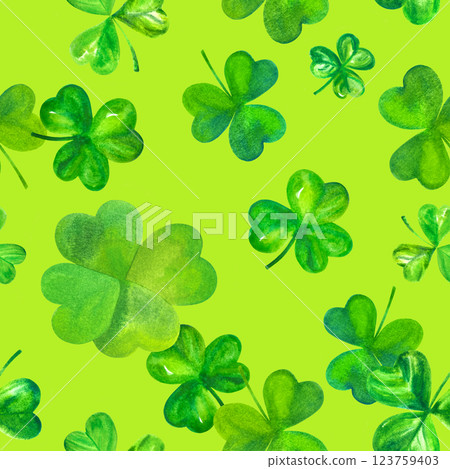 Seamless watercolor pattern for St Patrick's day, shamrocks and a clover Seamless watercolor pattern for St Patrick's day, shamrocks and a clover 123759403