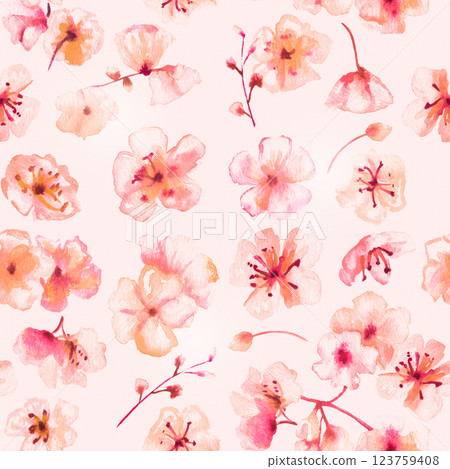 Spring watercolor seamless pattern. Watercolour florals. Pink flowers 123759408