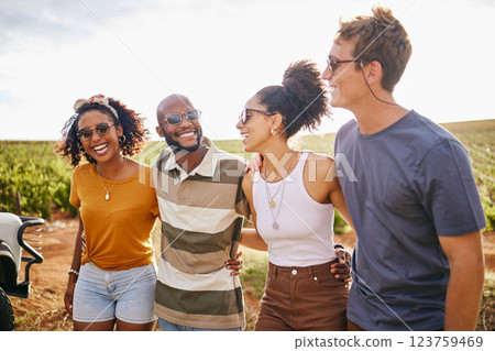 Summer, adventure and portrait of friends in nature on holiday, enjoying roadtrip. Vacation, freedom and young multicultural group smiling in countryside. Travel, explore and happy people on journey Summer, adventure and portrait of friends in nature on holiday, enjoying roadtrip. Vacation, freedom and young multicultural group smiling in countryside. Travel, explore and happy people on journey 123759469
