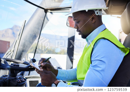 Logistics, forklift and checklist with black man driver working in shipping yard for supply chain, delivery and ecommerce. Transportation, cargo and truck with construction worker in warehouse plant 123759539