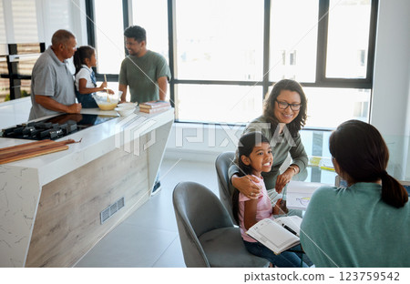 Family, education and girl learning art with generations, grandparents and parents spending time together in home. Love, support and sister with dad baking while mom and grandma talk or discussion. 123759542