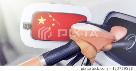 The flag of China on the hatch of the gas tank of a car at a gas station. Gasoline and diesel fuel in China. High prices for diesel fuel, gasoline and gas at gas stations in China. Problems with 123759558