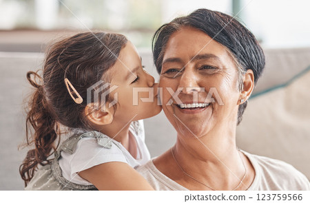 Love, family and kiss with girl and grandma together for happy, retirement or mothers day celebration. Smile, hug and proud with child and grandmother at home in embrace for birthday or care Love, family and kiss with girl and grandma together for happy, retirement or mothers day celebration. Smile, hug and proud with child and grandmother at home in embrace for birthday or care 123759566