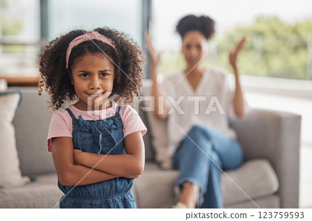 Fight, family and angry mother and child in conflict, argument or disagreement in home living room. Frustrated, ignore and black family problem for mom, youth kid or girl in unhappy mood 123759593