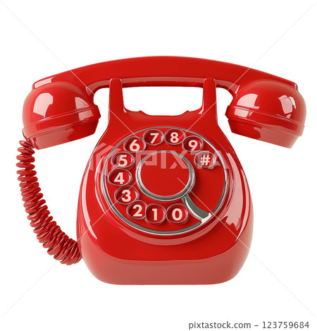 Classic red rotary telephone isolated on a transparent background. Vintage retro landline phone with a coiled cord and rotary dial, symbolizing old-fashioned communication and nostalgia. Classic red rotary telephone isolated on a transparent background. Vintage retro landline phone with a coiled cord and rotary dial, symbolizing old-fashioned communication and nostalgia. 123759684
