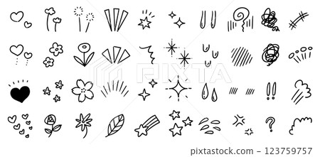 情感效果圖示。閃閃發光的星星和花朵的手繪插圖。 123759757