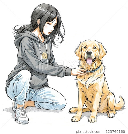穿著連帽衫的女人遛狗 123760160
