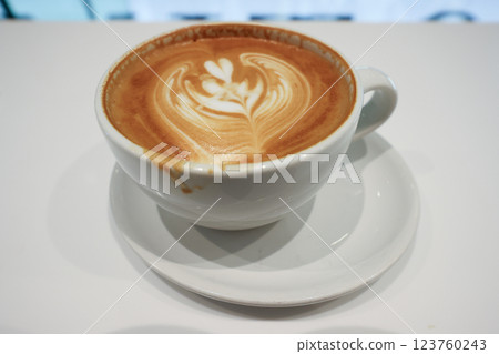 Latte Art in a Cup on a Saucer at a Cafe Dec 5 2024 Latte Art in a Cup on a Saucer at a Cafe Dec 5 2024 123760243