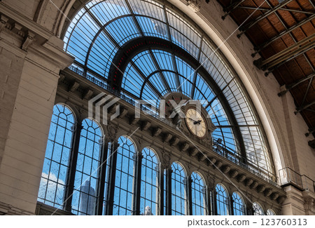 Budapest, Hungary, August 30, 2022. Shot inside the central railway station, called Keleti. Detail of the old clock on the entrance facade. 123760313