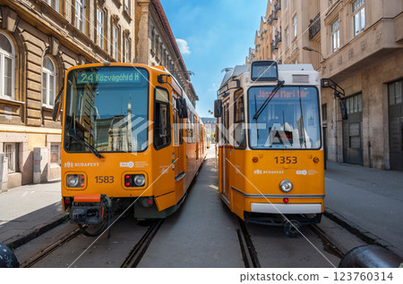 Budapest, Hungary, August 30, 2022. Shot with two trams side by side, one vintage and one modern. They are stopped at the terminus. Comparison between old and new. Public transport. 123760314