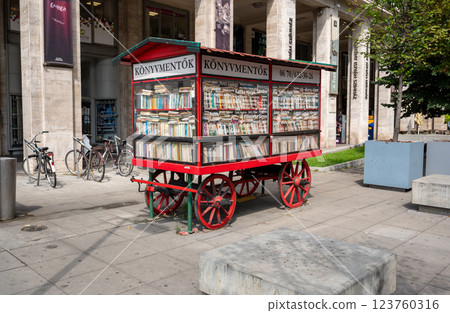 Budapest, Hungary, August 30, 2022. A book shop on a vintage cart. 123760316