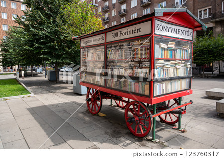 Budapest, Hungary, August 30, 2022. A book shop on a vintage cart. 123760317
