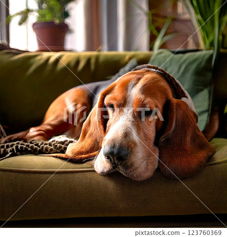 Basset hound taking a nap on the sofa Basset hound taking a nap on the sofa 123760369