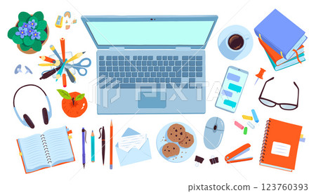 Top view vector set of workplace with laptop 123760393