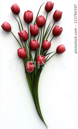 Elegant bouquet of red tulips with glossy petals and green stems against a white background, modern and artistic Elegant bouquet of red tulips with glossy petals and green stems against a white background, modern and artistic 123760397