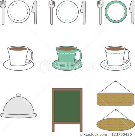 簡單可愛的餐廳餐具和招牌框架插圖集 123760420