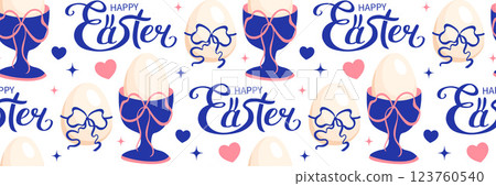 Modern Easter seamless pattern with egg cap and ribbon bow. Trendy colors blue and pink colors. Coquette Aesthetic style. Elegant vector illustration. Modern Easter seamless pattern with egg cap and ribbon bow. Trendy colors blue and pink colors. Coquette Aesthetic style. Elegant vector illustration. 123760540