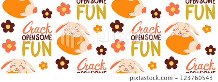 Bright Easter seamless pattern with cute rabbit on an egg. Crack open some fun lettering. Little simple flowers. Horizontal festive background for invitations. Vector flat illustration. Bright Easter seamless pattern with cute rabbit on an egg. Crack open some fun lettering. Little simple flowers. Horizontal festive background for invitations. Vector flat illustration. 123760543