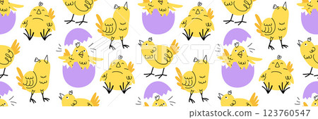 Funny Easter seamless pattern with cute yellow chick in various poses. Funny doodle character in broken egg. Horizontal festive background. Vector flat illustration. Funny Easter seamless pattern with cute yellow chick in various poses. Funny doodle character in broken egg. Horizontal festive background. Vector flat illustration. 123760547