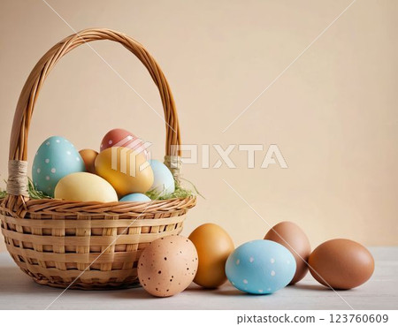 Charming Wicker Basket Brimming with Decorated Natural and Pastel-Colored Easter Eggs for Holiday Festivities 123760609