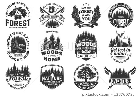 Set of logo, badge design with inspirational adventure quotes. Concept for shirt or logo, print, stamp or tee with oak leaf and acorns, hiking boot, pin forest, coffee or tea mug, hiking poles. Vector 123760753