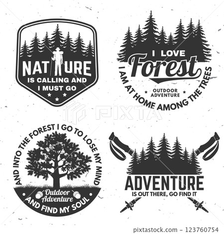 Set of logo, badge design with inspirational adventure quotes. Concept for shirt or logo, print, stamp or tee with oak leaf and acorns, pin forest, coffee or tea mug, hiking poles. Vector illustration Set of logo, badge design with inspirational adventure quotes. Concept for shirt or logo, print, stamp or tee with oak leaf and acorns, pin forest, coffee or tea mug, hiking poles. Vector illustration 123760754