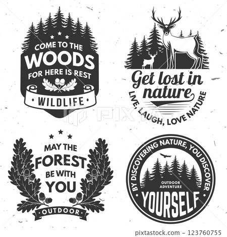 Set of logo, badge design with inspirational adventure quotes. Concept for shirt or logo, print, stamp or tee with oak leaf and acorns, pin forest, deer. Vector. 123760755