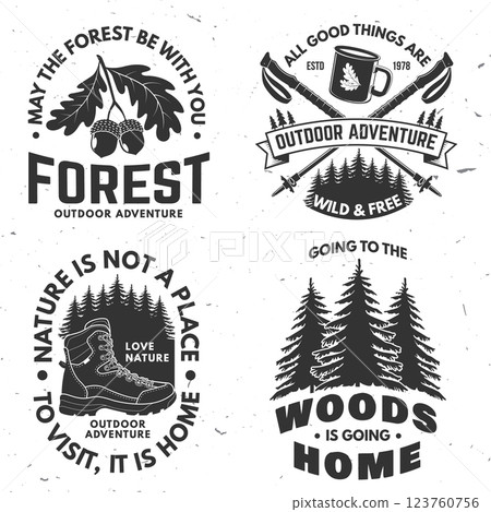 Set of logo, badge design with inspirational adventure quotes. Concept for shirt or logo, print, stamp or tee with oak leaf and acorns, hiking boot, pin forest, coffee or tea mug, hiking poles. Vector 123760756