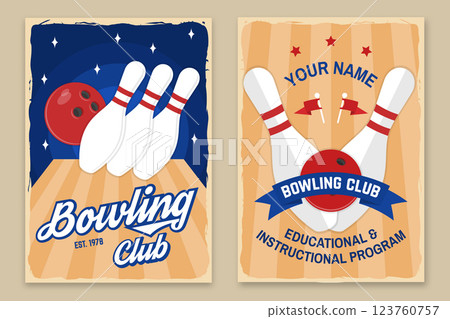Bowling sports club flyer, poster, banner design. Vintage design with professional bowling player, bowling pins and ball silhouette. Vector. Bowling sports club flyer, poster, banner design. Vintage design with professional bowling player, bowling pins and ball silhouette. Vector. 123760757