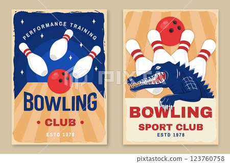 Bowling sports club flyer, poster, banner design. Vintage design with professional bowling player, crocodile, bowling pins and ball silhouette. Vector. Bowling sports club flyer, poster, banner design. Vintage design with professional bowling player, crocodile, bowling pins and ball silhouette. Vector. 123760758