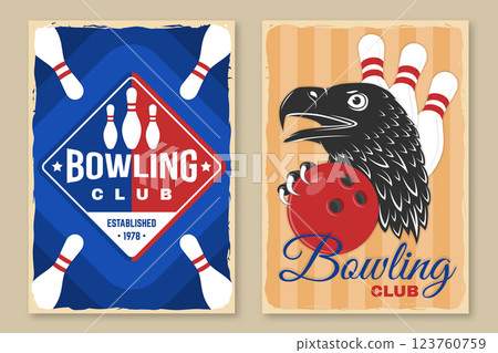Bowling sports club flyer, poster, banner design. Vintage design with professional bowling player, eagle, bowling pins and ball silhouette. Vector. 123760759