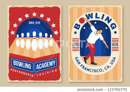 Bowling sports club flyer, poster, banner design. Vintage design with professional bowling player, bowling pins and ball silhouette. Vector. 123760770