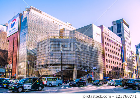 Tokyo cityscape in Japan, in front of the Sukiyabashi intersection. Overlooking the newly opened Sony Park and other attractions. March 7, 2025 123760771