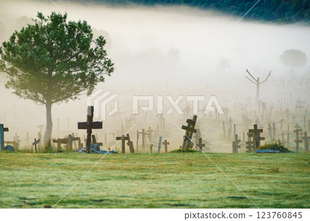 Haze in morning over Sad Hill Cemetery in Burgos, Spain Haze in morning over Sad Hill Cemetery in Burgos, Spain 123760845