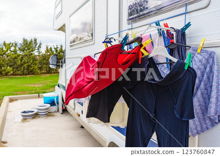 Clothes hanging to dry outdoor at caravan 123760847