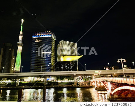 Illuminated Skytree at night as seen from Azumabashi Bridge Illuminated Skytree at night as seen from Azumabashi Bridge 123760985