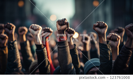 Multi ethnic people raising their fists up in the air. Raising hands for protest 123761008